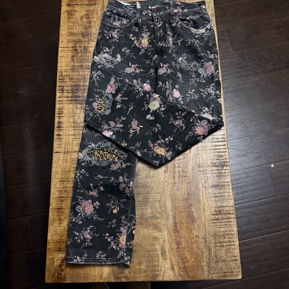 R13 Black Floral Boyfriend Jeans with Pink & Tan Accents